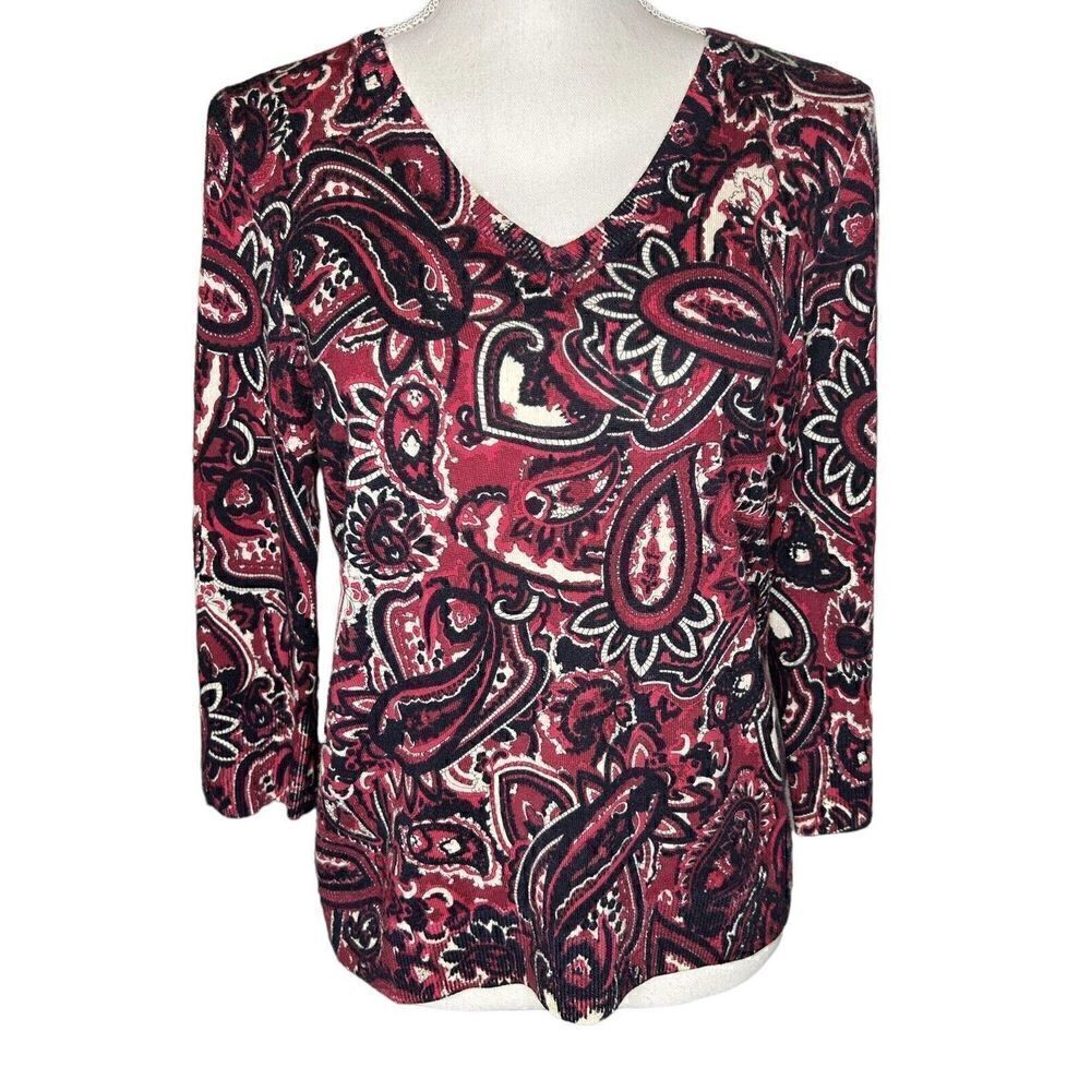 Talbots Womens Blouse 100% Merino Wool V-Neck Paisley Pattern Maroon Black Large